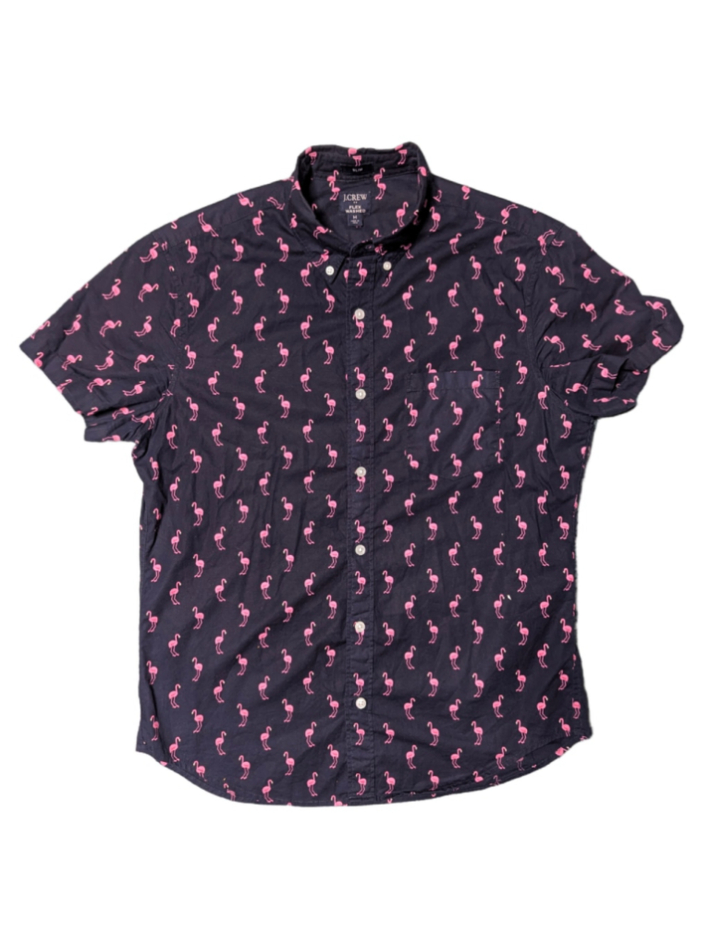J.Crew Men's Slim Fit Flex Washed Flamingo Print Button Down Shirt Navy Blue M